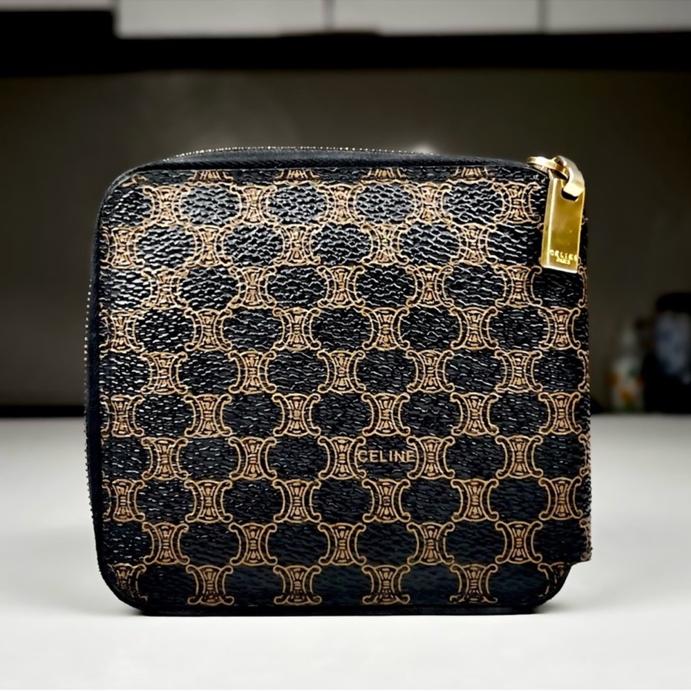 Celine Authentic Black & Gold Monogram Zip Around Wallet w/snap coin slot VGUC